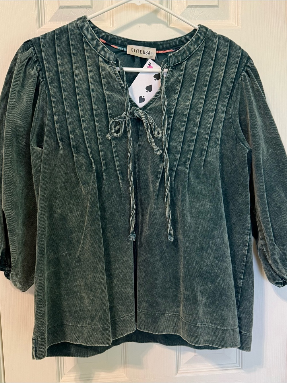 UMGEE Teal Green Corduroy Pintuck Puff Sleeve Boho Blouse Top NWT Small K0607 - Picture 3 of 8
